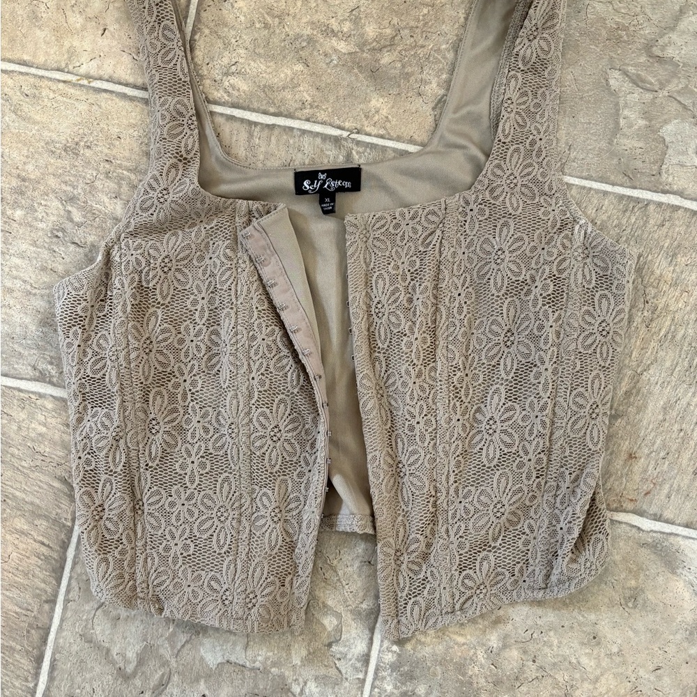 Self Esteem Floral Lace Tan Crop Top